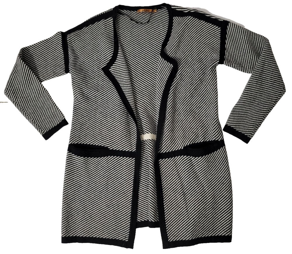 Belldini Womens Medium Black White Striped Open Front Longline Cardigan Sweater